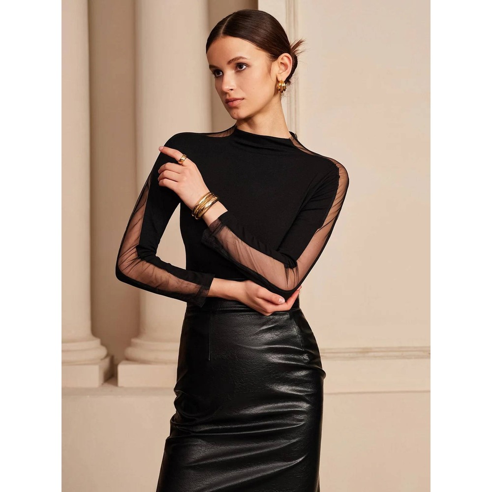 COMMENSE Black Sheer Mesh Panel Mock Neck Long Sleeve Fitted Top S US 4